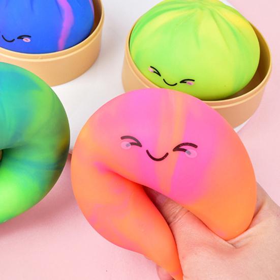 Rainbow Steamed Bun Stress Ball with Steamer Anti-Anxiety Colorful Smiling Dumpling Squeeze Toy Soft Simulated Dough Ball Fidget Sensory Toy