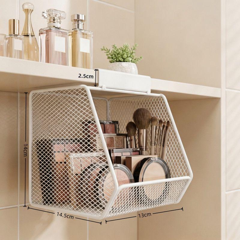 Under Sink Storage Basket Metal Mesh Hanging Basket Drill Free Rust Proof Drainage Bathroom Skincare Organizer Space Saving Rack