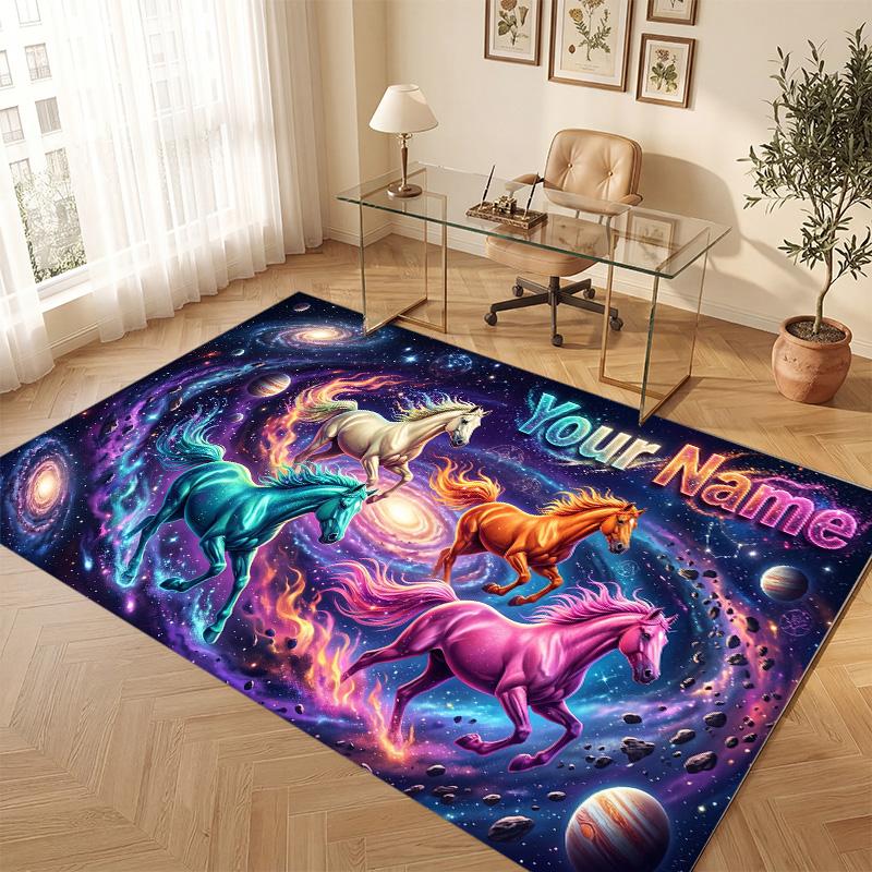 Horse Theme Soft Crystal Velvet Rug Custom Name & Text Print Non Slip Floor Rug for Bedroom Living Room