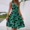 Women's Spring And Summer Casual V-Neck Sleeveless Waist Floral Print Midi Dress