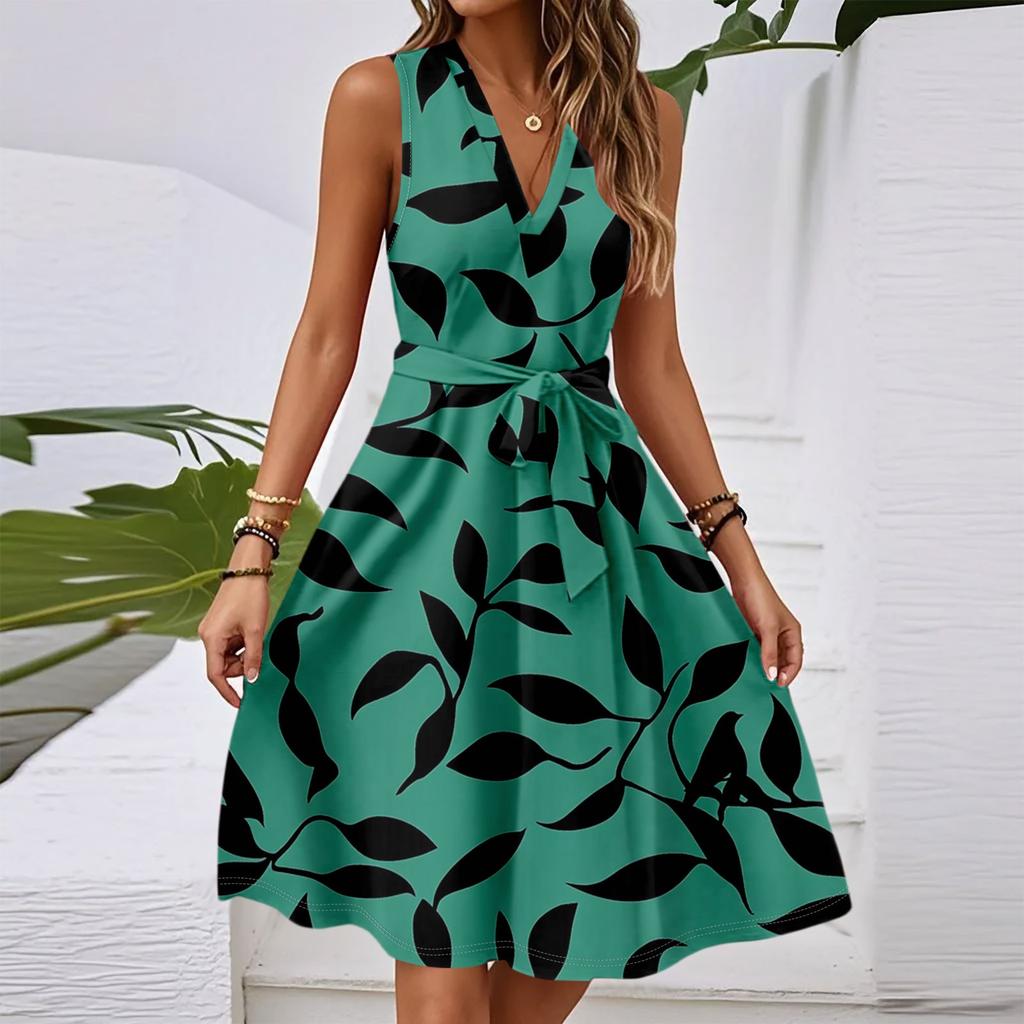 Women's Spring And Summer Casual V-Neck Sleeveless Waist Floral Print Midi Dress