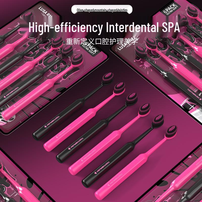 LR Black Pink Series Měkké zubní kartáčky [Balení 6 ks] - Konvexní design ve tvaru vlny pro dospělé