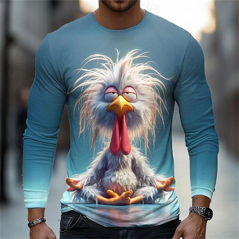 Lustiges Huhn 3D-Druck Langarm-T-Shirt, Streetstyle, Lockere Passform, Herren Harajuku-Stil, Rundhals Oversize-T-Shirt