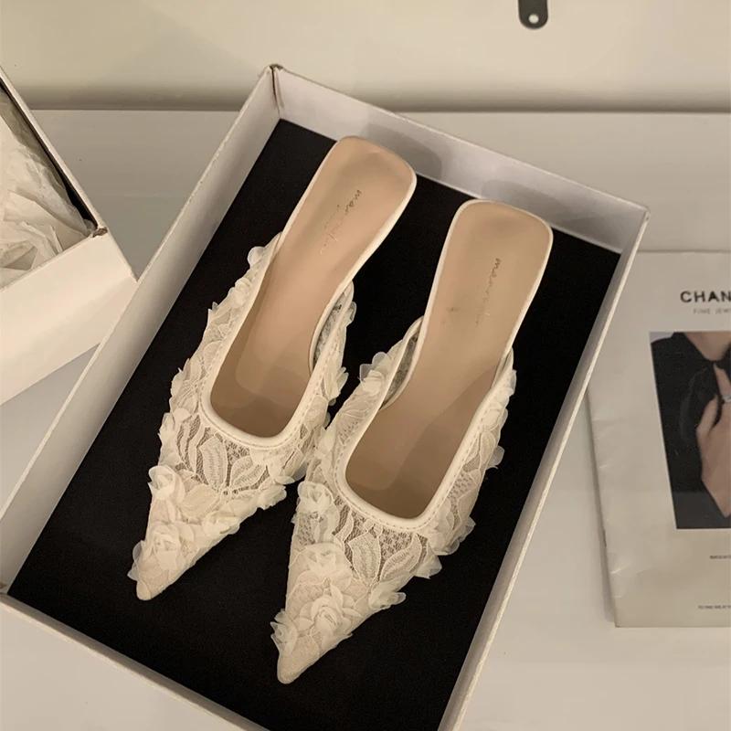 Moda Verão Moda Feminina Mules Tamancos Salto Alto Elegantes Bico Coberto Vestido Renda Slides Senhoras Sapatos de Festa Dança Baile