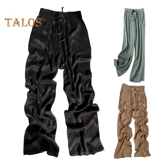 Women Casual Pants Elastic Waist Adjustable Drawstring Straight Wide Leg Trousers with Pockets Solid Color Loose Fit Long Pants