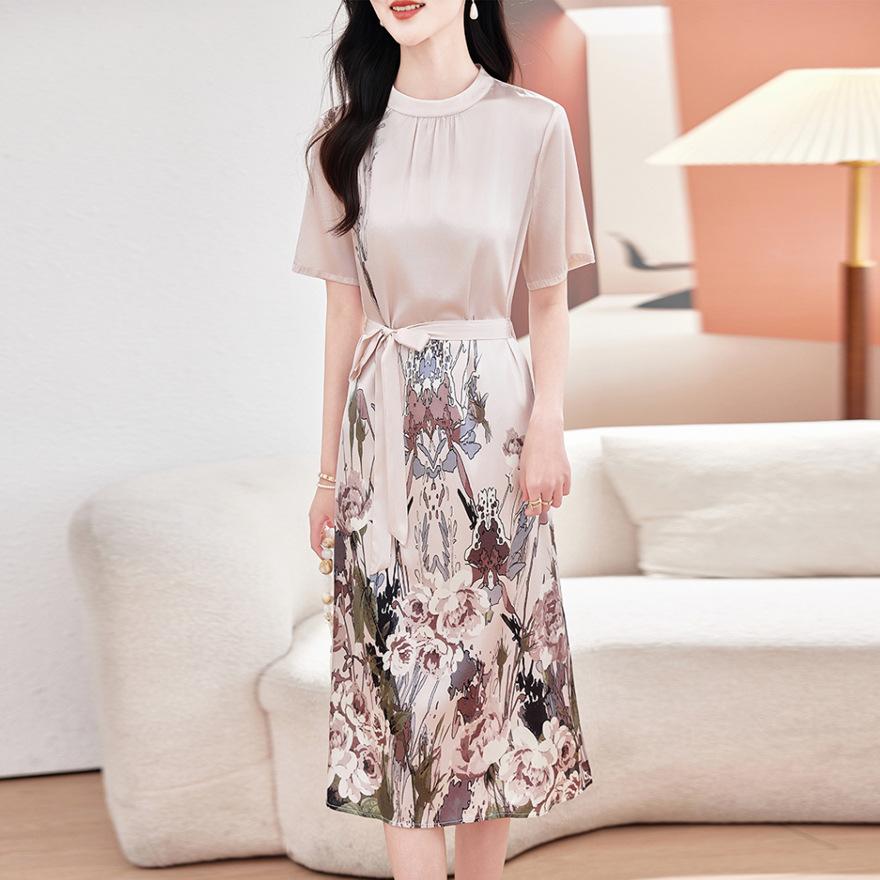 

Платье с шелковой печатью лето новая мода красивая талия тонкий тутовый шелк средней длины юбка детская 3XL лавандовый