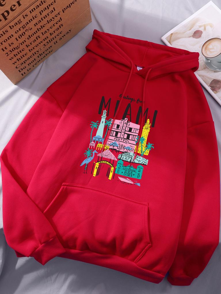 Greetings From Miami Printing Hoodies Women Casual Pocket Hoody Winter Fleece Warm Sweatshirts Basics Sporty Womans Streetwears