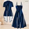 Women Plus Size Two Piece Set Short Sleeve Draped Cardigan Strappy V Neck Flared Printed Dress Dark Blue Gold