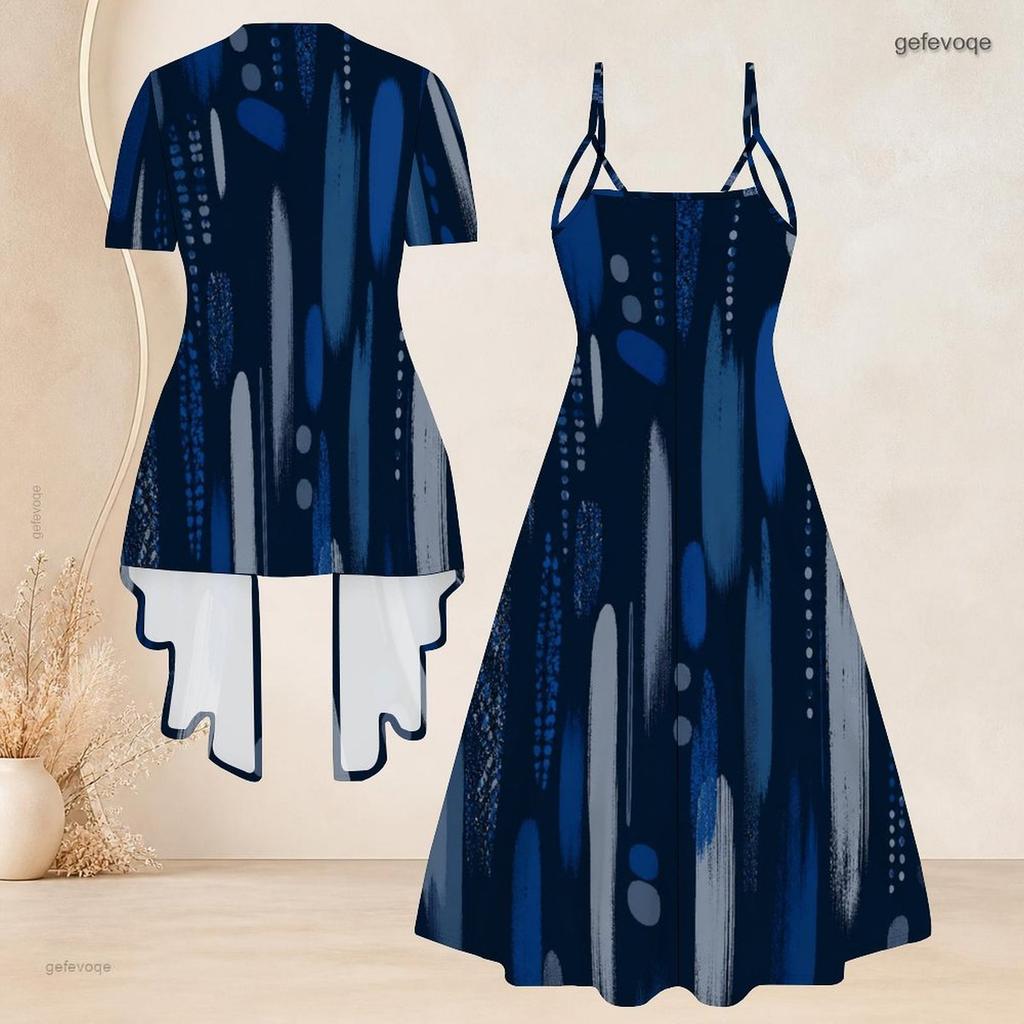 Women Plus Size Two Piece Set Short Sleeve Draped Cardigan Strappy V Neck Flared Printed Dress Dark Blue Gold