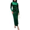 Green Velvet Dress for Women, High-necked Waist-side Pleated Long-sleeved Slim-fitting Hip-wrapped Dress