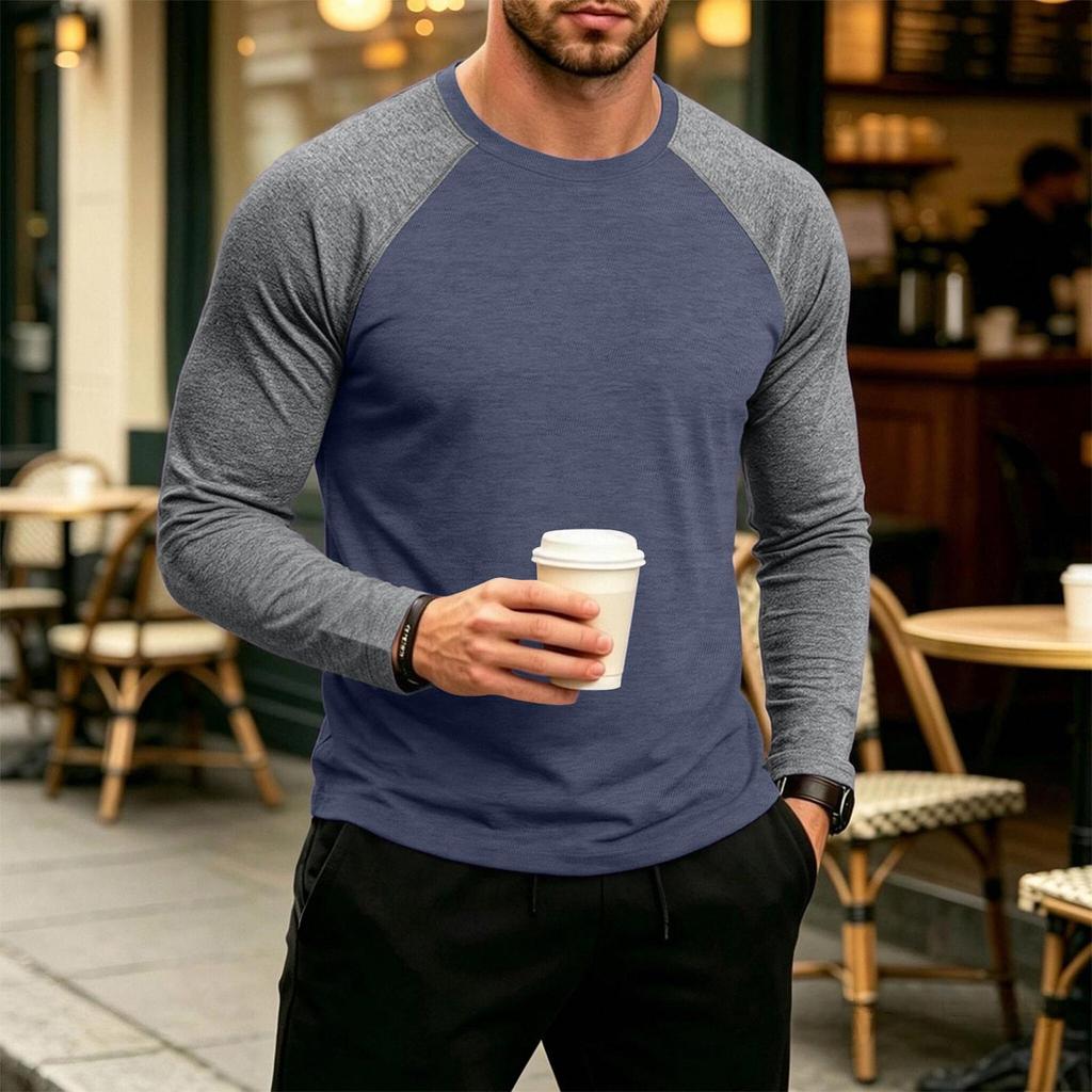 Men's Long Sleeve Color Block T-Shirt Round Neck Casual Basic Top