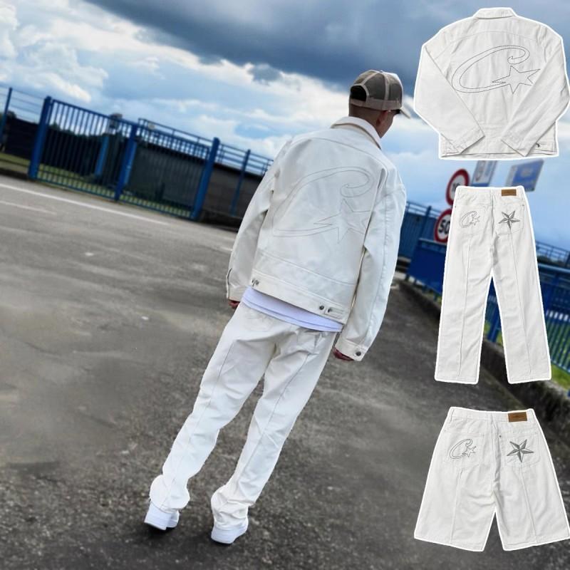 Corteiz Roztrhané Džínové Šortky S Výšivkou Hvězd Vintage Streetwear Rovný Střih Střední Pas Ležérní 5/8 Délka Džíny Pánské