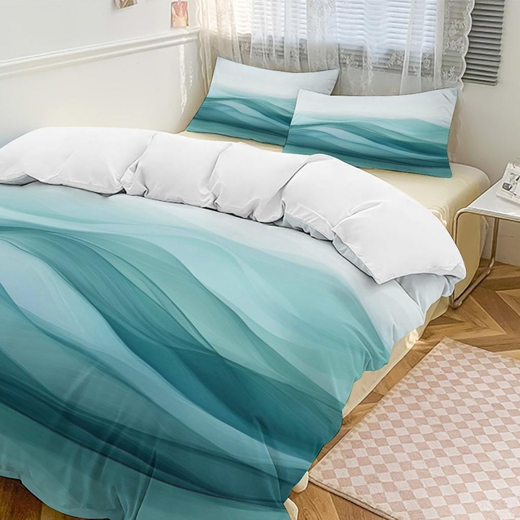 3Pcs Waves In Teal Themed Duvet Cover Set Novelty Fashion Lightweight Soft Bedding With Zipper All Seasons Home Dorm Decor