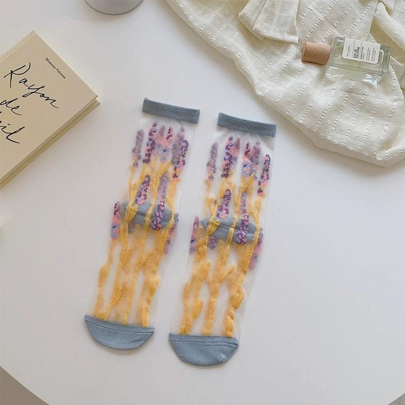 1 Pair Women's France Floral Ultra-Thin Transparent Crystal Silk Socks New Sweet Cute Japanese Summer Mid-Tube Elastic Socks
