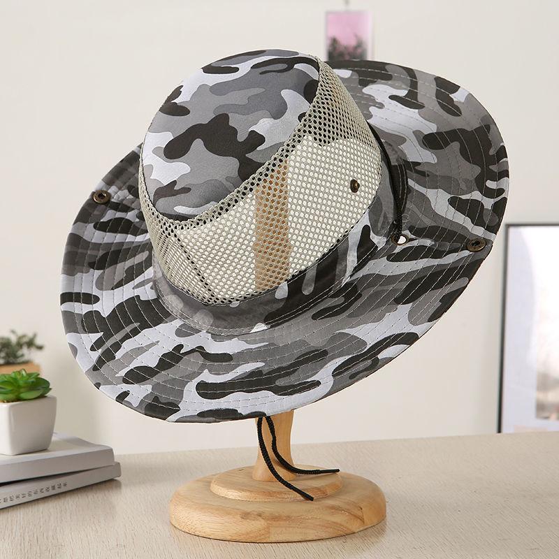 Men's Camo Mesh Sun Hat Wide Brim Breathable Bucket Hat UV Protection Outdoor Fishing Cap