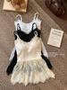 Winter 2024 Women's Lace Slip Dress - Sleeveless, Layered, Waist-Hugging with Bow
