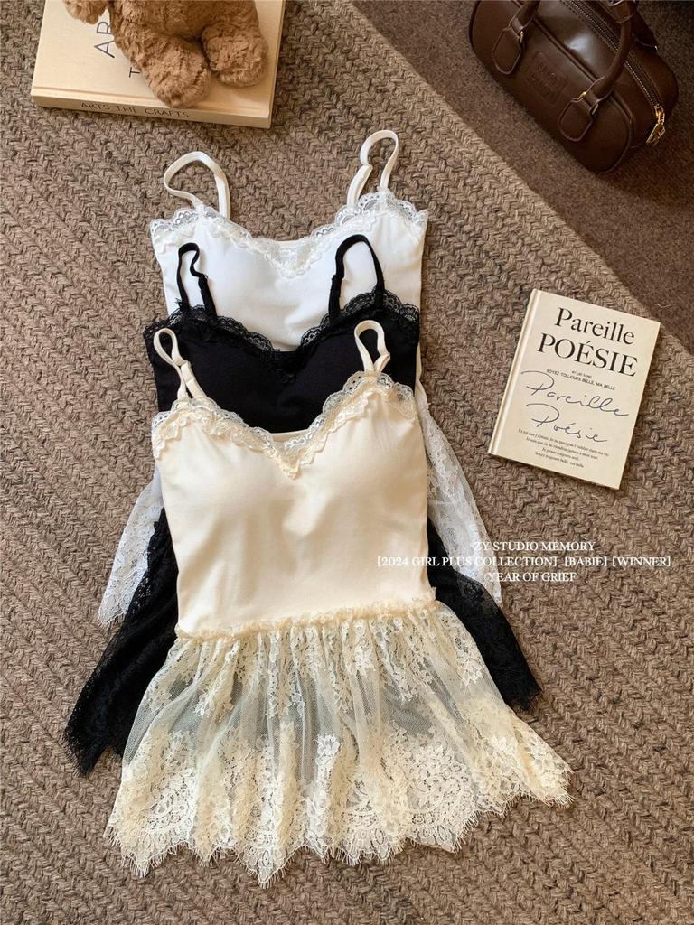 Winter 2024 Women's Lace Slip Dress - Sleeveless, Layered, Waist-Hugging with Bow