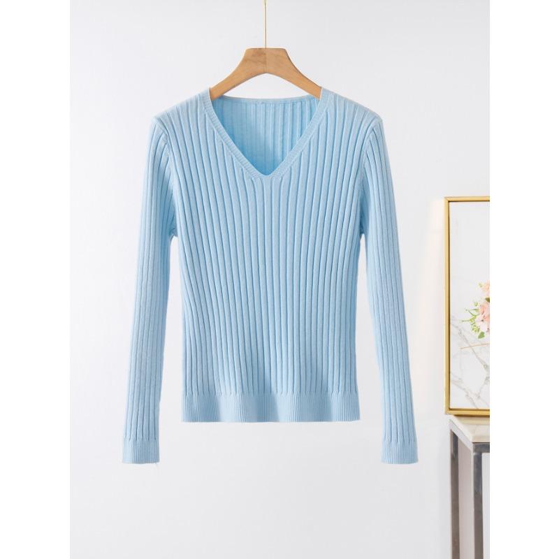 

Весенне-осенний тонкий женский свитер с V-образным вырезом и длинными рукавами XL светло-синий