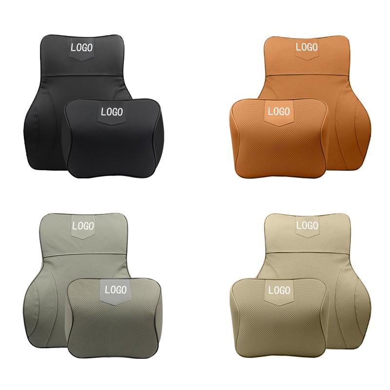 Customizable Mazda Leather Lumbar Support & Neck Pillow Set for Cars—Memory Foam, Cowhide, with Option to Add Logo