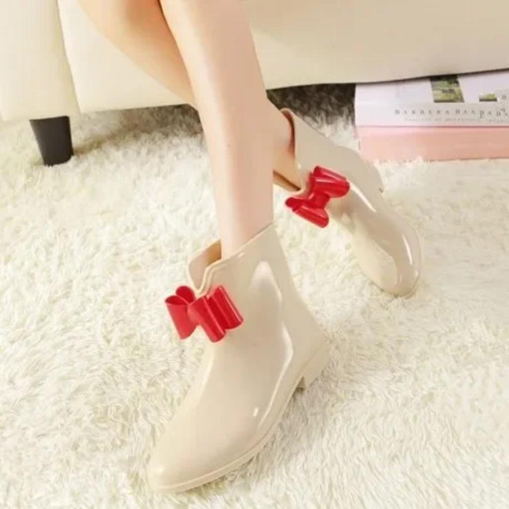 Women's Rain Shoes Short-tube Spring and Autumn Rain Boots Knot-bow Low-top Boots White-collar Waterproof Shoes Rubber Overshoes