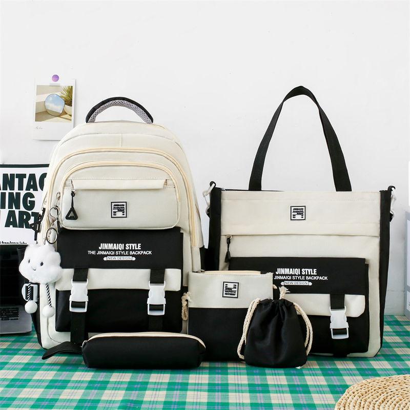 5 Pcs Bags Set Protecting The Spine Ergonomics Elementary School Students Girls Color Block Backpack Large Capacity Lightweight Waterproof