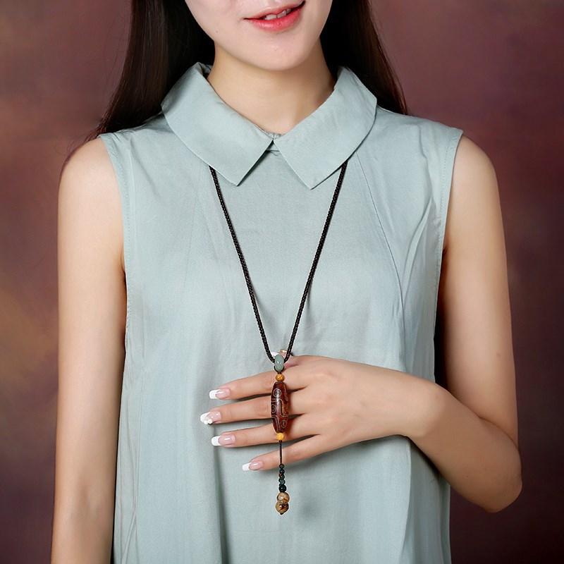 GEMCHIC Women's Vintage Ethnic Style Long Sweater Necklace with Handmade Braided Rope, Dzi Bead and Agate Pendant Bohemian Jewelry