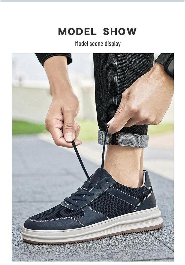 New Men's Breathable Mesh White Sneakers: Thick Sole, Round Toe, Lace-Up, Versatile for Casual and Work Wear