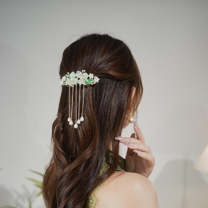 New Chinese imitation jade flower fringed hairpin antique elegant pearl half tie spring clip headdress hanfu cheongsam accessories