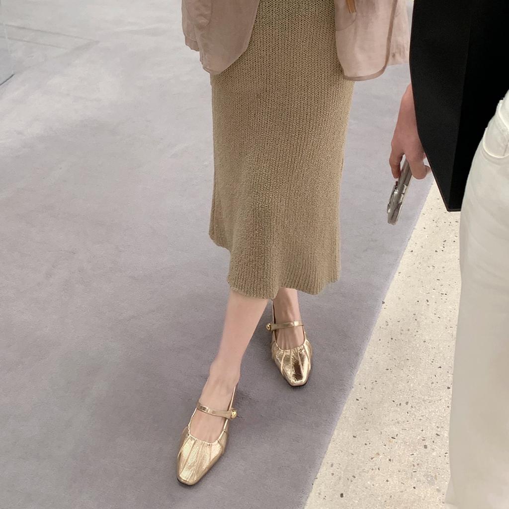 Sheepskin Version~ Genuine Leather French Gentle Inner Height Increase Silver Light Mouth Single Shoes Women's One-word Buckle Mary Jane Sho