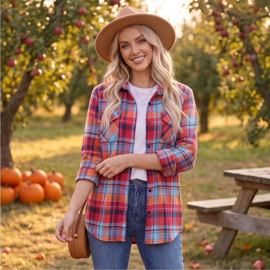 Women's Casual Plaid Long Sleeve Shirt Jacket with Lapel Collar for Everyday Wear