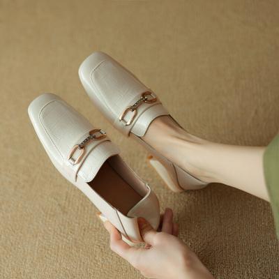 Four Seasons Wear Lazy Shoes New Low Heel Women's Shoes Square Head White Square Heel Flat Shoes Casual Women's Single Shoes One Pedal