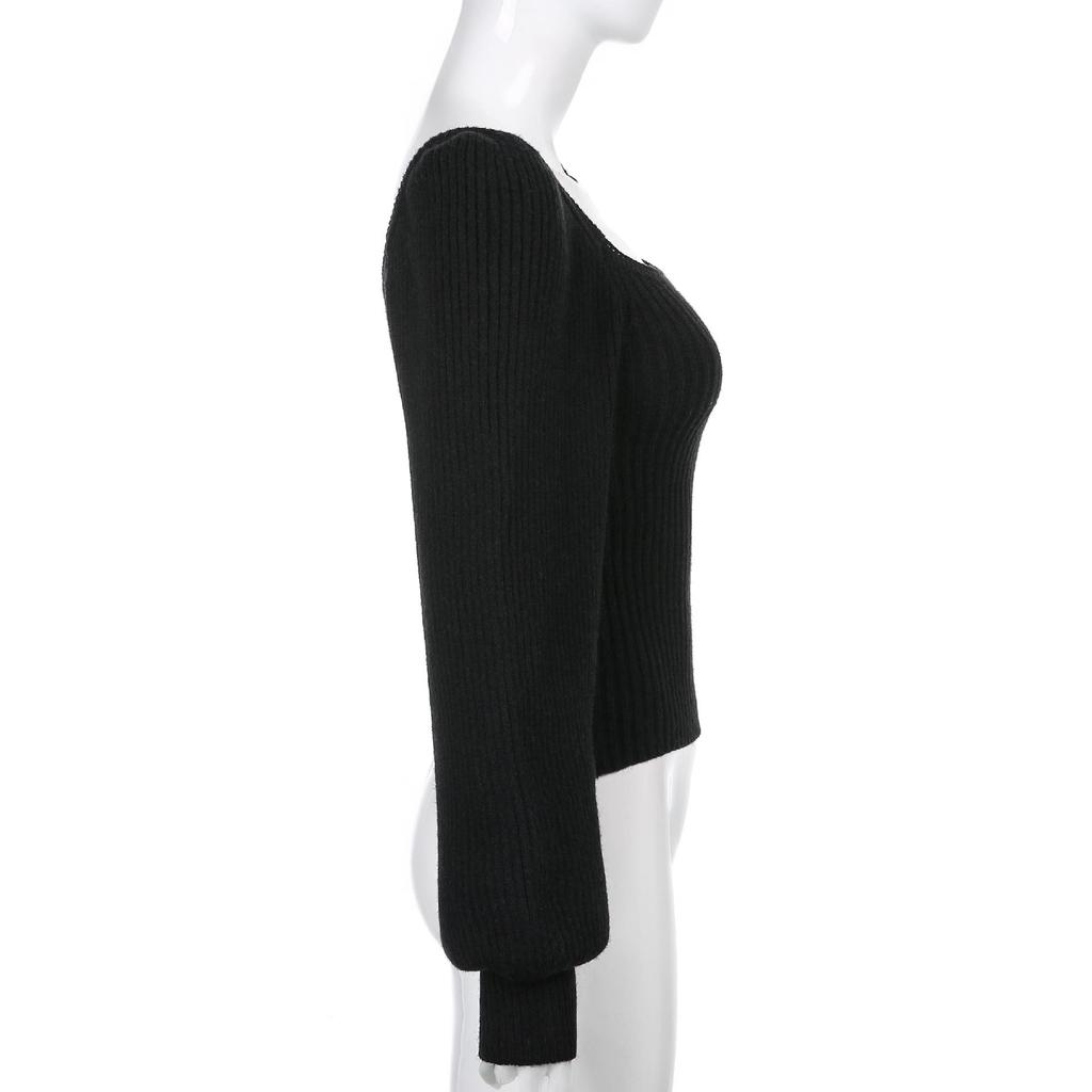 Thickened Square Neck Puff Sleeve Knit Top - Women's Slimming Waist Autumn/Winter Sweater