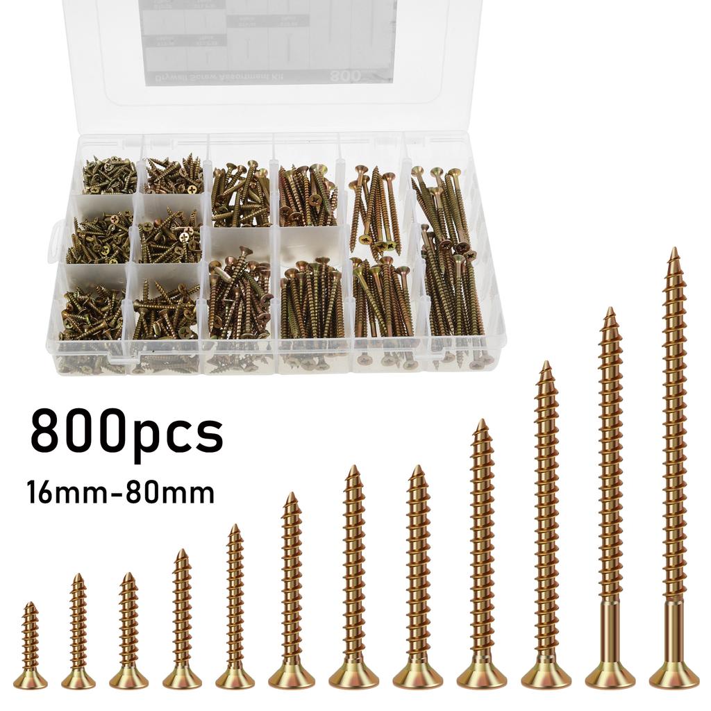 800Pcs Wood Screws and Drywall Screws Set Self-Tapping Mixed Screws Carbon Steel and Zinc Screws for Fences, Doors and Floors