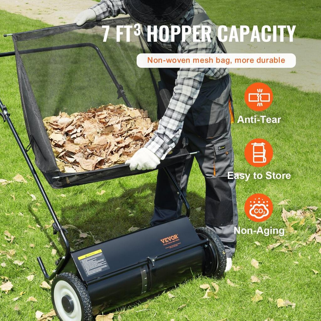 Push Lawn Sweeper, 26-inch Leaf & Grass Collector, Strong Rubber Wheels & Heavy Duty Thickened Steel, Durable to Use with Large Capacity 7 cu. ft.