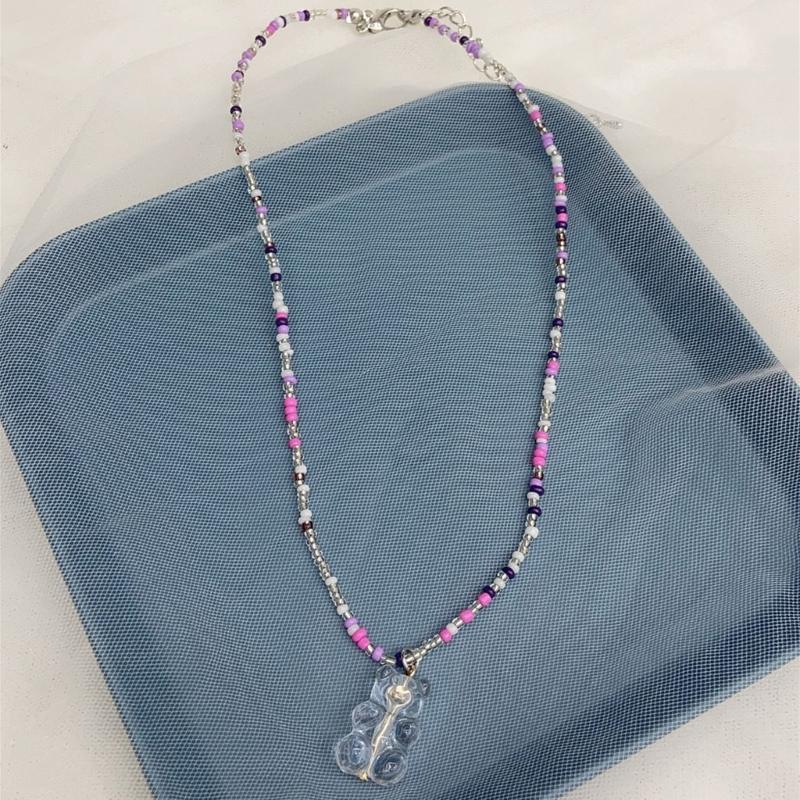 Korean Multicolored Bear Pendant Necklace Bohemia Love-heart Ornament Collar Chain Rice Beaded Choker Chain for Girls