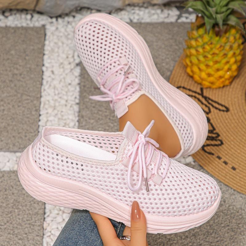 Chaussures de Sport Décontractées pour Femmes Été Semelle Souple Antidérapant Maille Découpée Respirante Tête enveloppée Mi-claquette