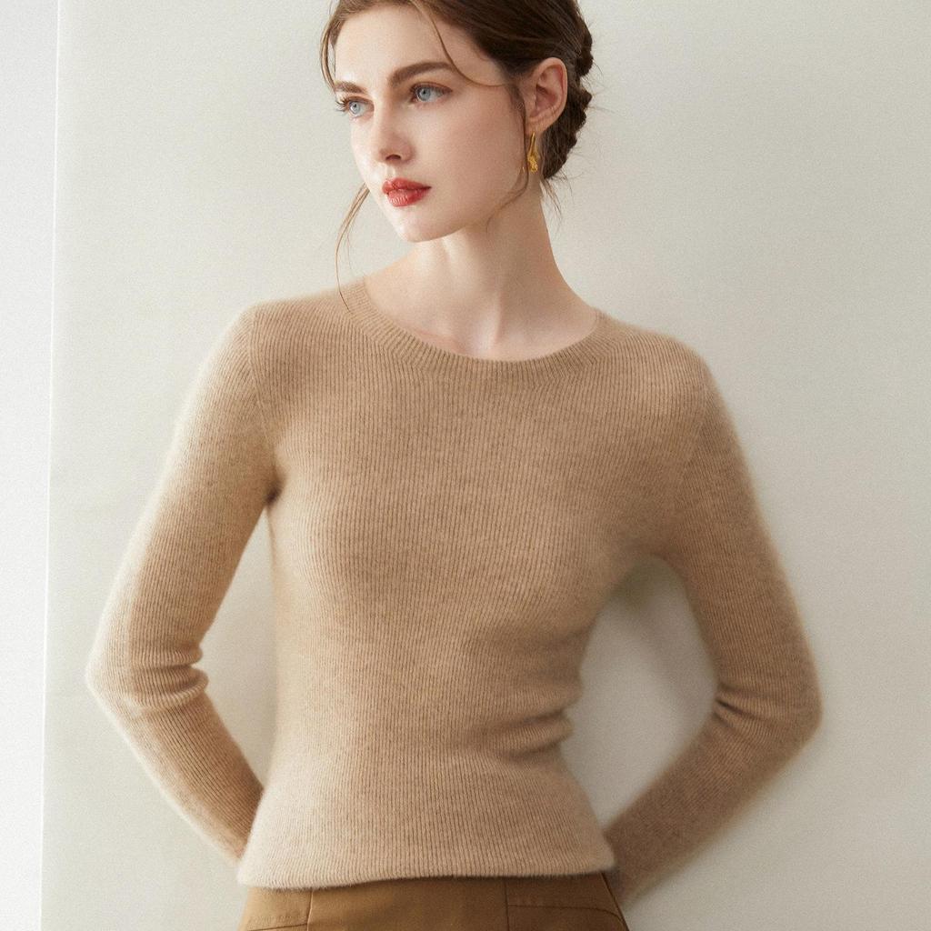Women's 100% Pure Cashmere Sweater: Soft, Warm, Slim-fit, Round Neck, Ribbed, Long Sleeve, and Versatile Base Layer.