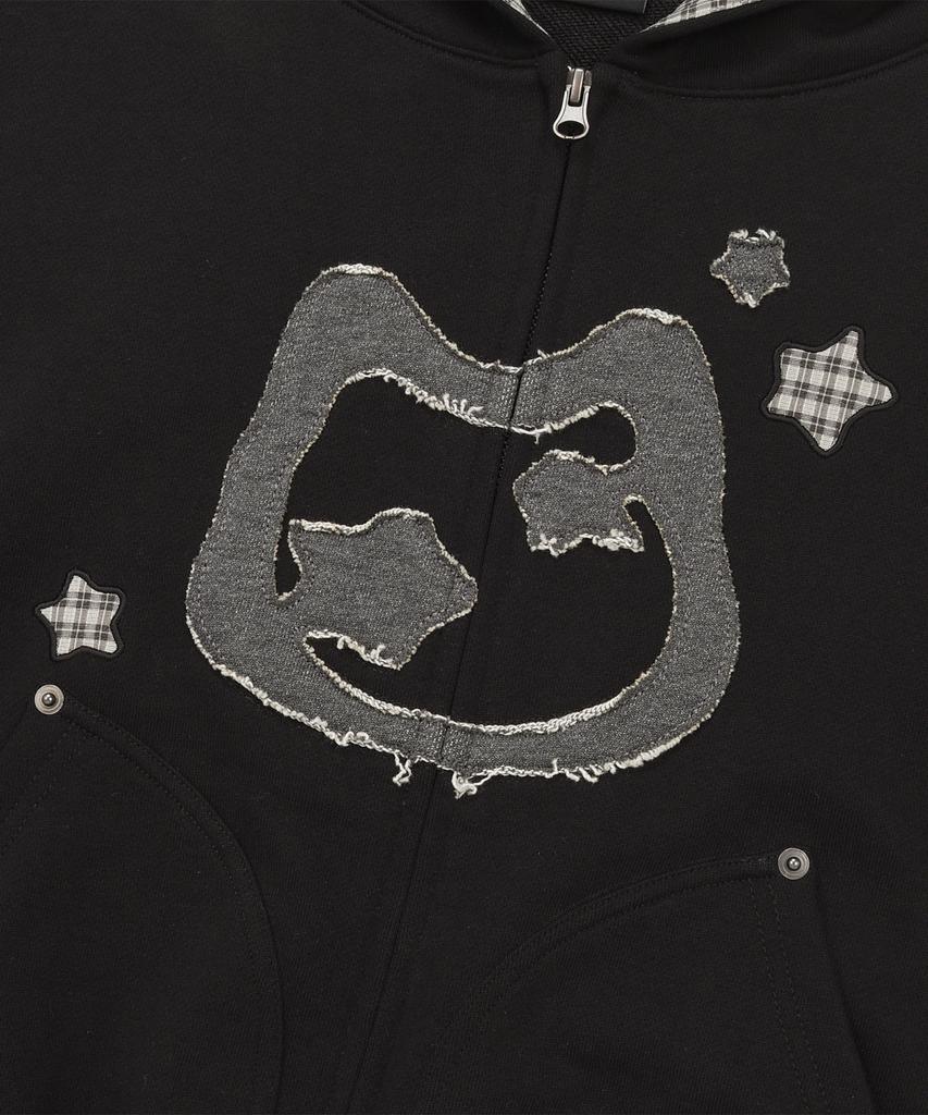 Lmr Cat Symbol Patchwork Crop Zip-Up Hoodie Black