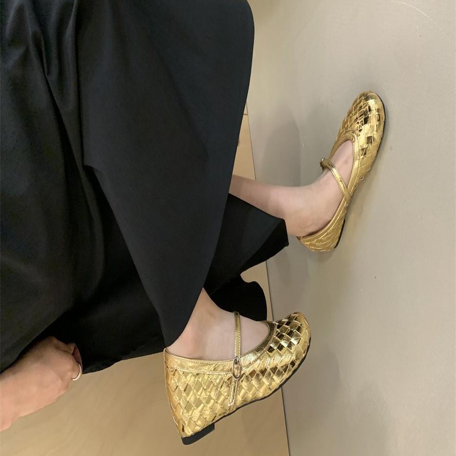 2025 summer new hand-woven Roman shoes square head shallow mouth soft sole word with flat bottom Mary Jane single shoes women