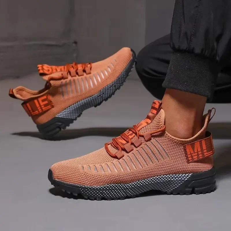 Men Knitted Running Shoes Breathable Cushioned Insoles Adjustable Shoelaces Walking Shoes Comfortable Outdoor Activity Sneakers