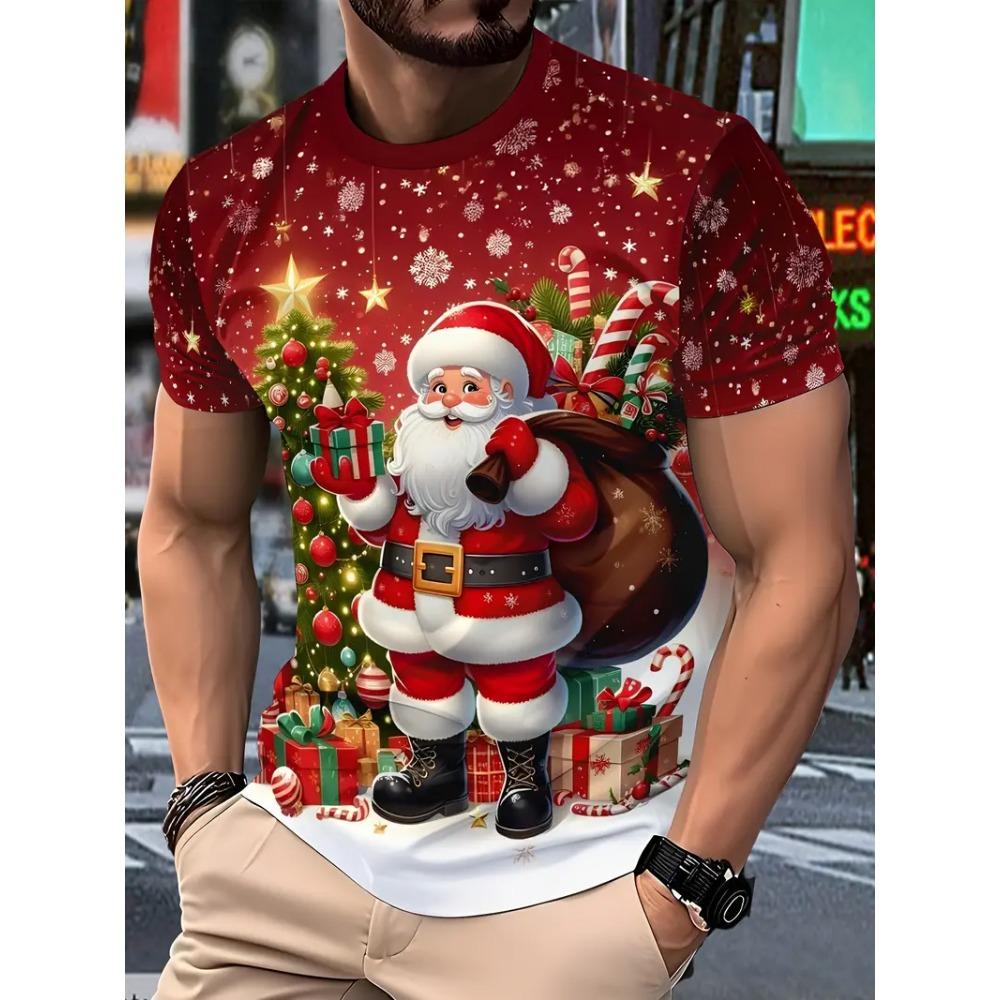 New 3D Santa Claus Print T-Shirt, Street Style for Spring and Summer, Loose Short Sleeve, Breathable High-Quality Men's Top