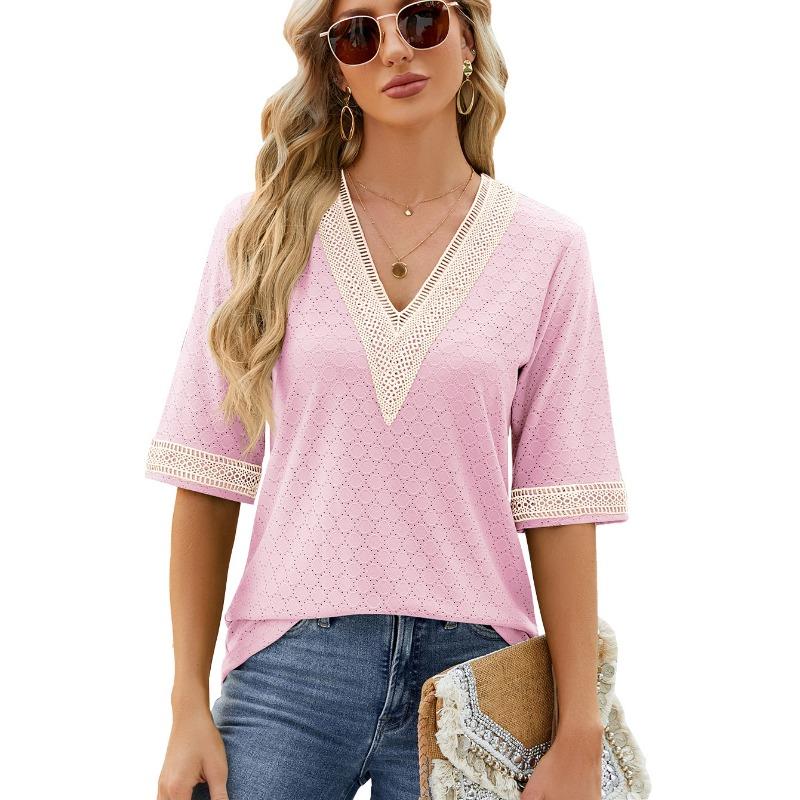 Spring Summer V-neck Gold Lace Patchwork Five Quarter Sleeve Loose T-shirt Top for Women