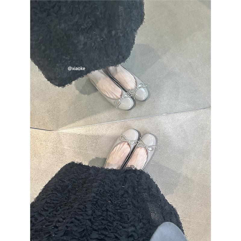 Red Single Shoes Female Cute Round Head Spring Shallow Mouth Simple Bow Flat Beanie Shoes Lazy Little Red Shoes