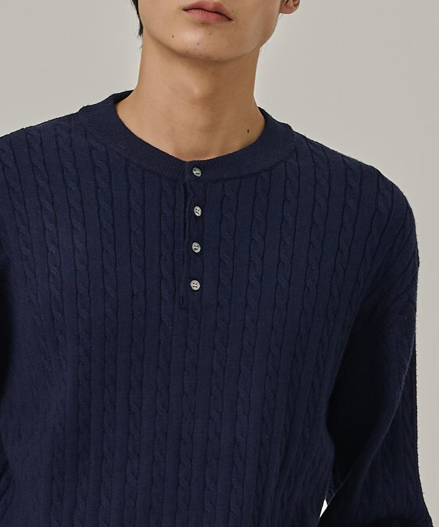ANALOG MOOD Washable Cable Henley Neck Knit T-Shirt (Navy)