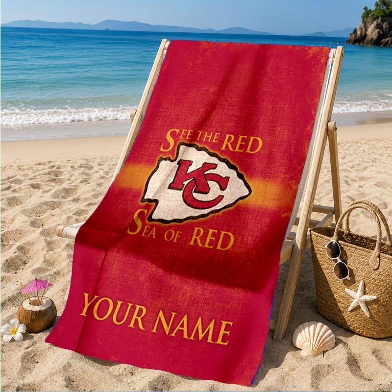 Custom Name Kansas City Chiefs Helmet Personalized Microfiber Beach Towel, Quick-Dry, Ideal for Summer Travel, Beach Essential, Swimming