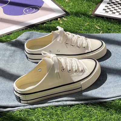 Summer Thin White Shoes All-Match Basic Closed Toe Half Slippers Women's Outer Wear Breathable Heel-Free Lazy Canvas Shoes