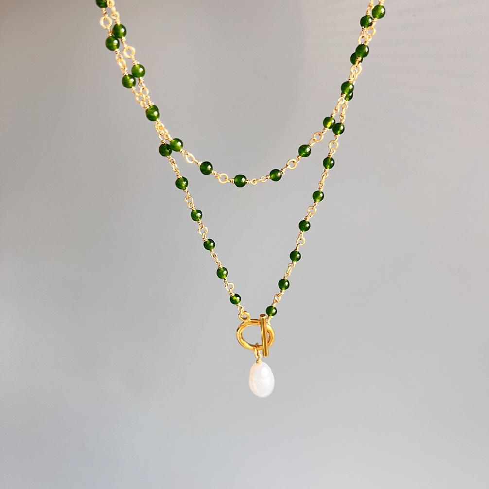 

Длинное ожерелье из натурального барочного жемчуга с зеленым агатом, женское винтажное универсальное многослойное ношение, двойной свитер