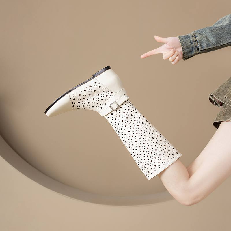 Krazing Pot Rindsspaltleder Runde Zehe Größe 43 Sommerstiefel Mode Ritterstiefel Hohle Verzierungen Herbststiefel Oberschenkelhohe Stiefel