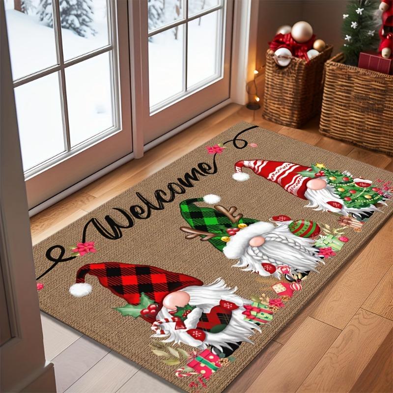 1pc Festive Christmas Gnome Welcome Doormat,Holiday Floor Mat Featuring Three Gnomes with Seasonal Charms,for Winter Home Decor