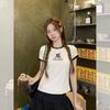 Korean contrasting color cat embroidery design sense round neck short-sleeved T-shirt women's summer new slim-fitting and thin top